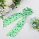 St. Patrick's Day Bow Hair Scrunchies,Green Shamrock Ribbon Silky Satin Scrunchies for Women,Cute Clover Bow Hair Ties,Ponytail Holder for St. Patrick's Day,Parade Party Hair Accessories