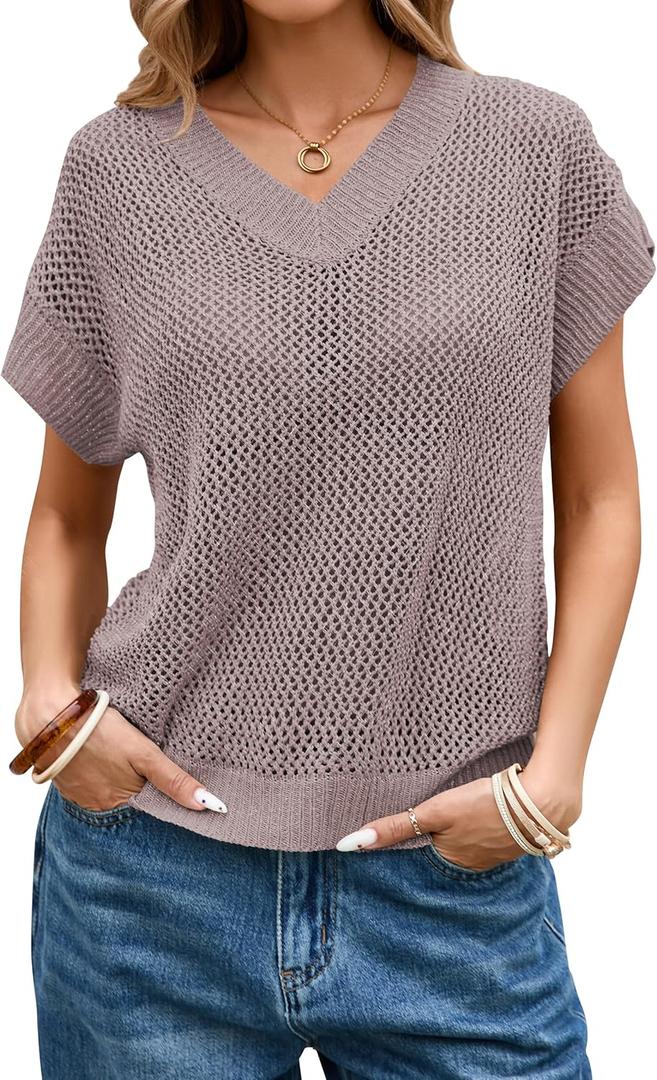 Cakulo Summer Crochet Tops for Women 2025 Short Sleeve V Neck Hollow Out Knit Beach Cover Up Casual Sweater Top (Small, Light Purple)