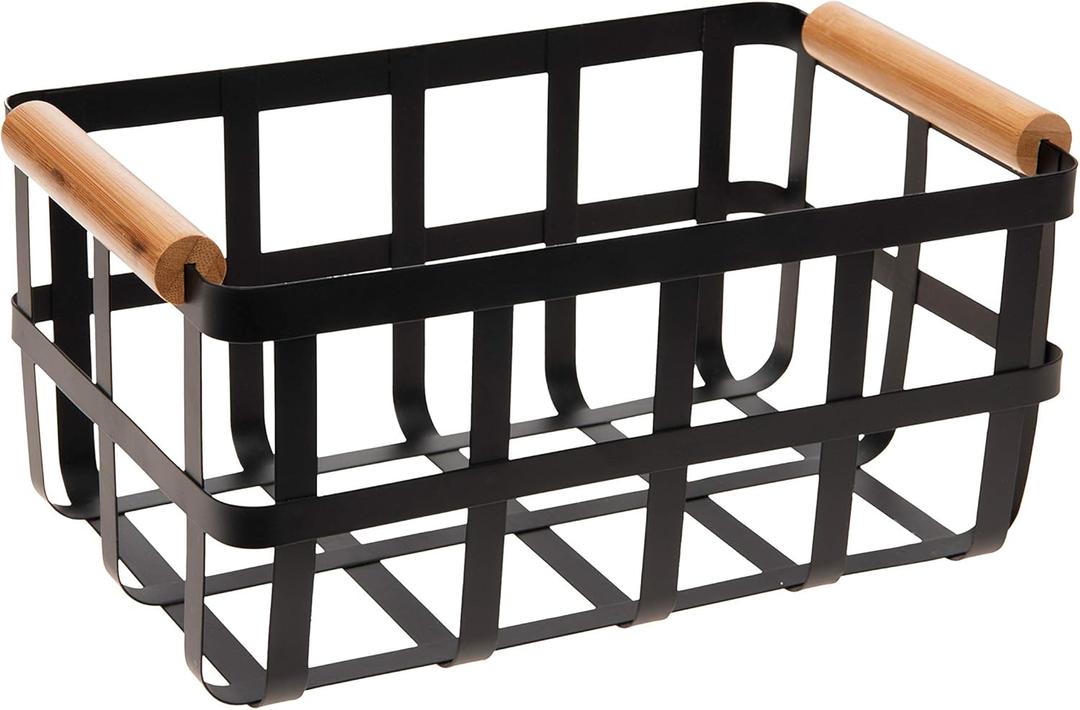 Simplify Rectangular Metal Storage Basket with Bamboo Handles | Large | Farmhouse Style Wire Basket | Home Organizer | Decorative | Rustic | Black