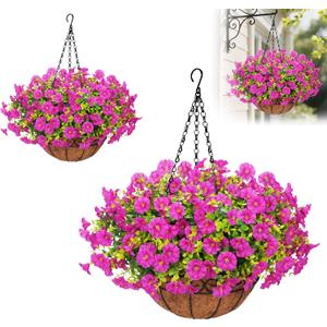 Yastouay 2 Pack Artificial Hanging Flowers for Outdoors, Fake Hanging Plants with Baskets, UV Resistant Hanging Flowers Fake Flowers for Outdoors Porch Patio Garden Spring Summer Decor(Purple Red)