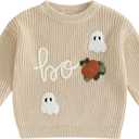 FOMOYUU Baby Girl Boy Knit Sweater Halloween Outfit Embroidery Warm Crewneck Long Sleeve Tops Fall Winter Clothes (3-6 Months, Khaki)