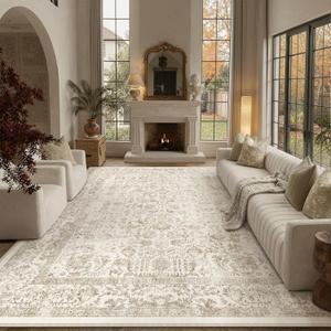 PureCozy Light Brown Area Rug 10x14 Machine Washable Large Vintage Living Room Distressed Non Slip Carpet Traditional Indoor Bedroom Retro Floral Accent Throw Rug for Office Kitchen Dining Room