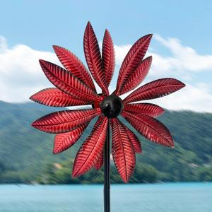 Wind Spinners Outdoor Metal, Double-Sided 360 Kinetic Wind Spinner with Stake, Metal Garden Yard Windmill Decor (13.4" Dia, 57" H) (Red Leaf)