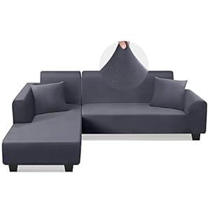 KinCam Sectional Couch Covers L Shape Sofa Covers Super Stretch 2pcs Sofa Slipcovers for 3 + 3 Seaters Sectional Chaise Slipcover with 2pcs Pillow Covers for Pets Kids, Light Grey