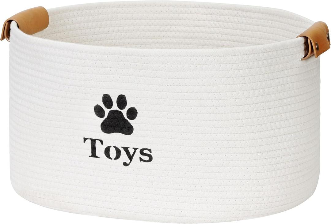 Jumpress Dog Toy Basket Large, Quality Cotton Rope Dog Toy Storage with Handles, Durable Dog Toy Bin Box for Organizing Pet Supplies, Pet Toys, Collars, Leashes & Accessories (Beige, 18’’x13’’x10’’)