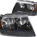 DNA MOTORING HL-OH-JGC99-BK-AM Black Amber Headlights Assembly Replacement Compatible with 99-04 Jeep Grand Cherokee (Clear Lens Amber Corner)