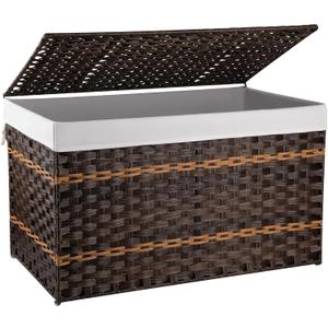 OIAHOMY Storage Basket with Lid, 42.3 Gallon (160L) Blanket Basket with Removable Liner Bag, Synthetic Wicker Hamper with Handle, Hamper for Living Room, Brown