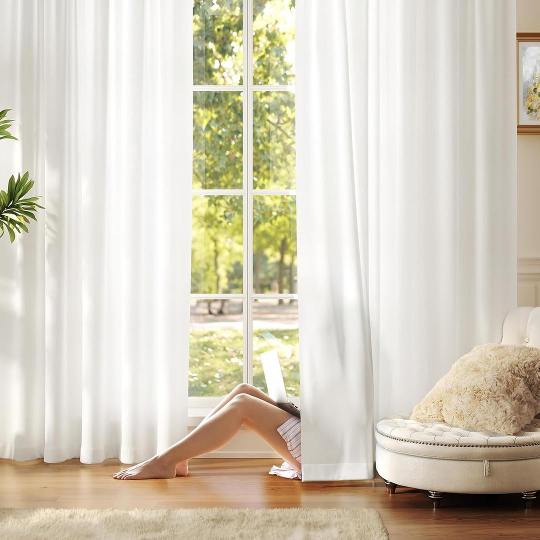 Anmao Non-See-Through Off White Privacy Semi Sheer Curtains for Living Room 45 Inch Length 2 Panels Set, Light Filtering That Let Light in Rod Pocket Window Drapes for Bedroom, 40W x 45L, Ivory White