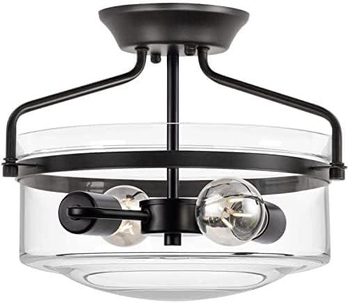 2-Light Semi Flush Mount Ceiling Light, 14.2" Farmhouse Light Fixtures for Bedroom Porch Hallway Kitchen Entryway, Black Modern Ceiling Light with Clear Glass Shade