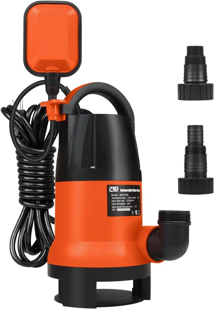 Sump Pump, Prostormer 1HP 3700GPH Submersible Clean/Dirty Water Pump with Automatic Float Switch for Pool, Pond,Garden, Flooded Cellar, Aquarium and Irrigation (Orange)