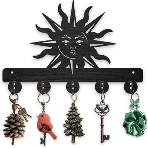 MAYJOYDIY Wooden Sun Key Hooks Wall Mounted 11.87.8 inch Rustic Sun Wall Hook Keys Towels Hook Black Nature Art Key Rack with 5 Alloy Hooks for Gift Bedroom Kitchen Entryway Office