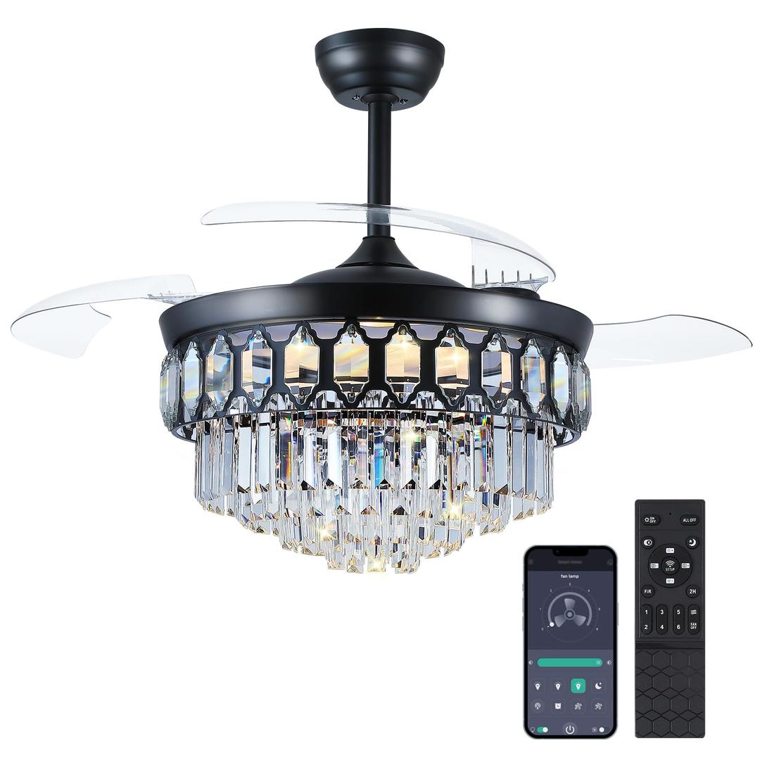 Asyko 48" Black Crystal Retractable Chandelier Ceiling Fan with Lights