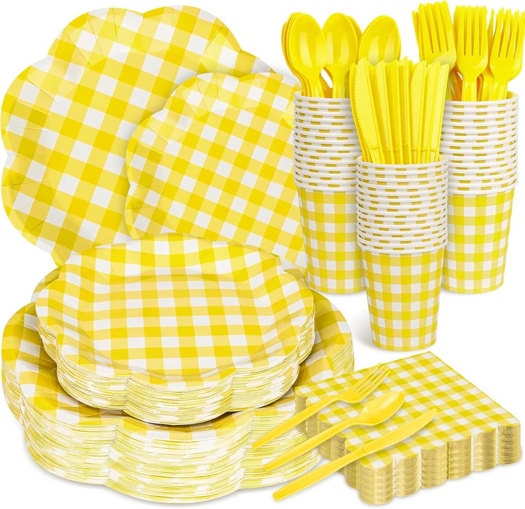 Houuqe 400 Pcs Gingham Party Supplies for 50 Guests Easter Party Yellow and White Scalloped Paper Plates and Napkins Knives Spoon Fork Cup Disposable Checkered Dinner Party Set for Baby Shower Wedding, Yellow