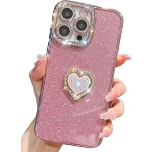 Cute Compatible with iPhone 14 Plus 6.7 Inch Case, Bling Diamond + Glitter Card Cases with Love Heart Kickstand, Sparkly Camera Protection Soft Cases for Women Girls(Rose Gold)