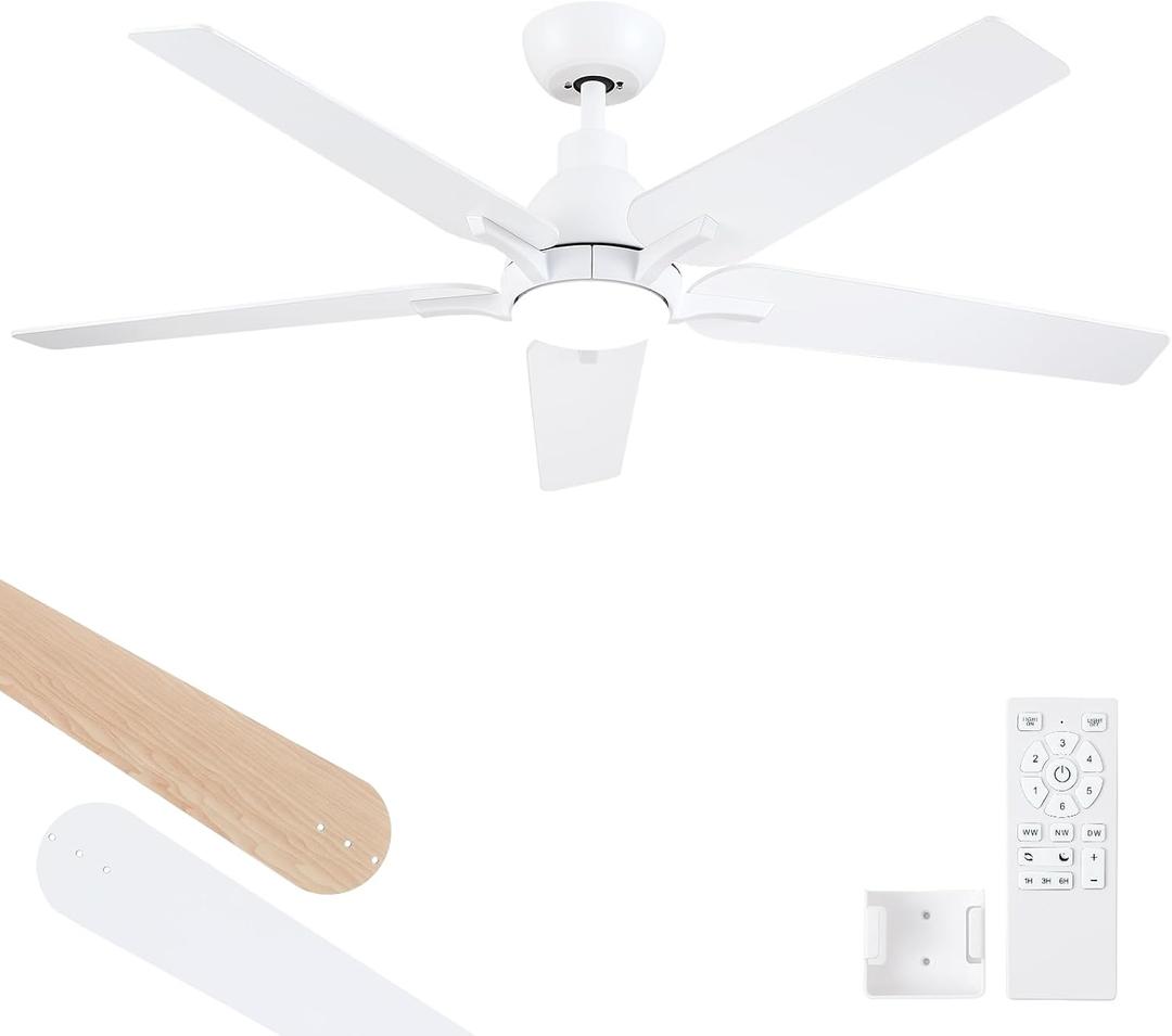 52 Inch Ceiling Fans with Lights and Remote, White Ceiling Fan, 5 Blade Modern Ceiling Fan for Bedroom, Living Room, Dining room, Patio, Dimmable 6 Speeds DC Quiet, White 