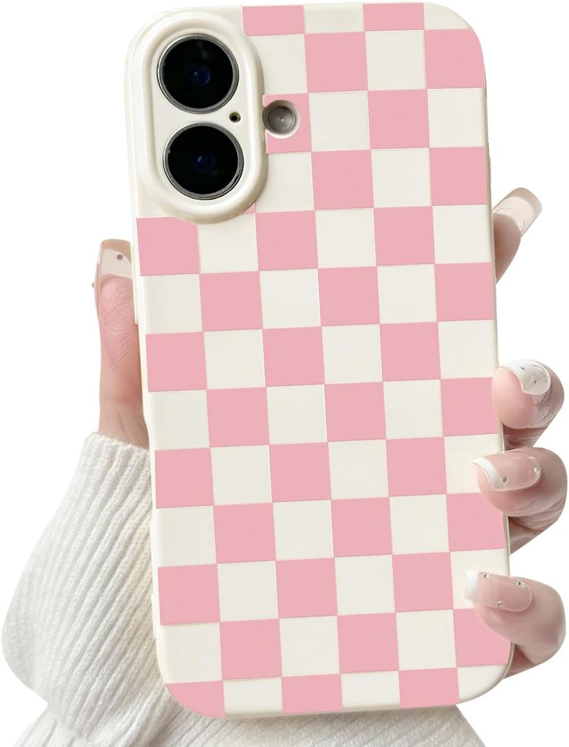 NITITOP Compatible with iPhone 16 Case Cute Aesthetic Checkerboard Checkered Pattern for Women Girl Trendy Slim Fit TPU Silicone Shockproof Full Camera Protection Cover - White and Pink