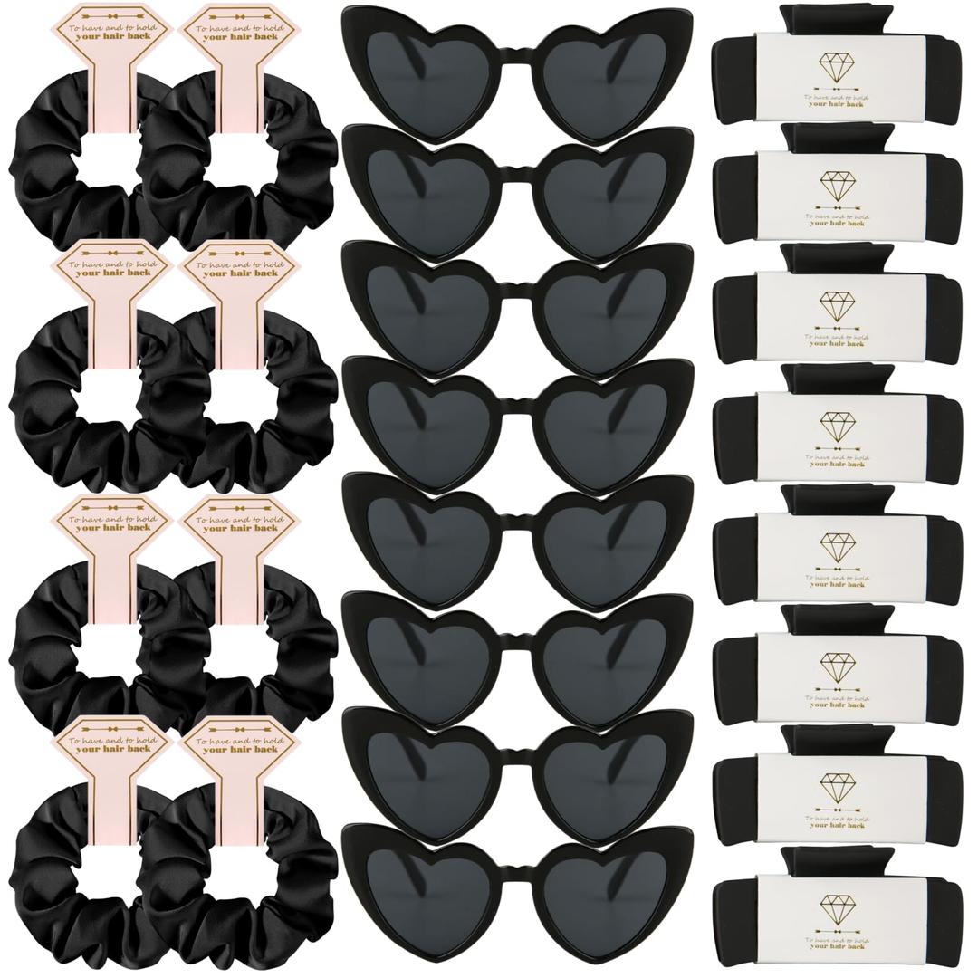 Loanzeg Bridesmaid Scrunchies Proposal Hair claws clips Set of 12 Bridal Shower heart sunglasses Gifts for Wedding Bachelorette Party Favors (48pcs Black)