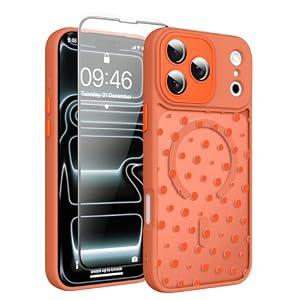 Fsoole Magnetic for iPhone 17 Pro Case with Screen Protector [Compatible with MagSafe] Pretty Polka Dot Pattern Design, Shockproof Slim Cover for Women Girls, Orange