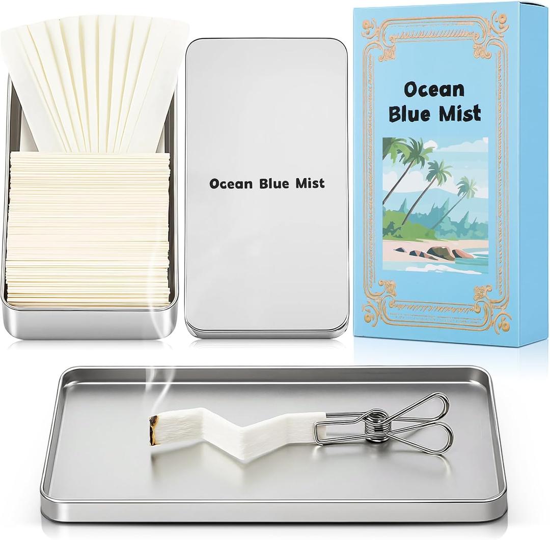 Eaasty Paper Incense Kits - 80 Pcs Burning Paper Incense with Tin Case and Clips - Quick Usage - Eliminating Bathroom, Kitchen Odors - Aromatherapy Gifts for Women(Ocean Blue Mist)