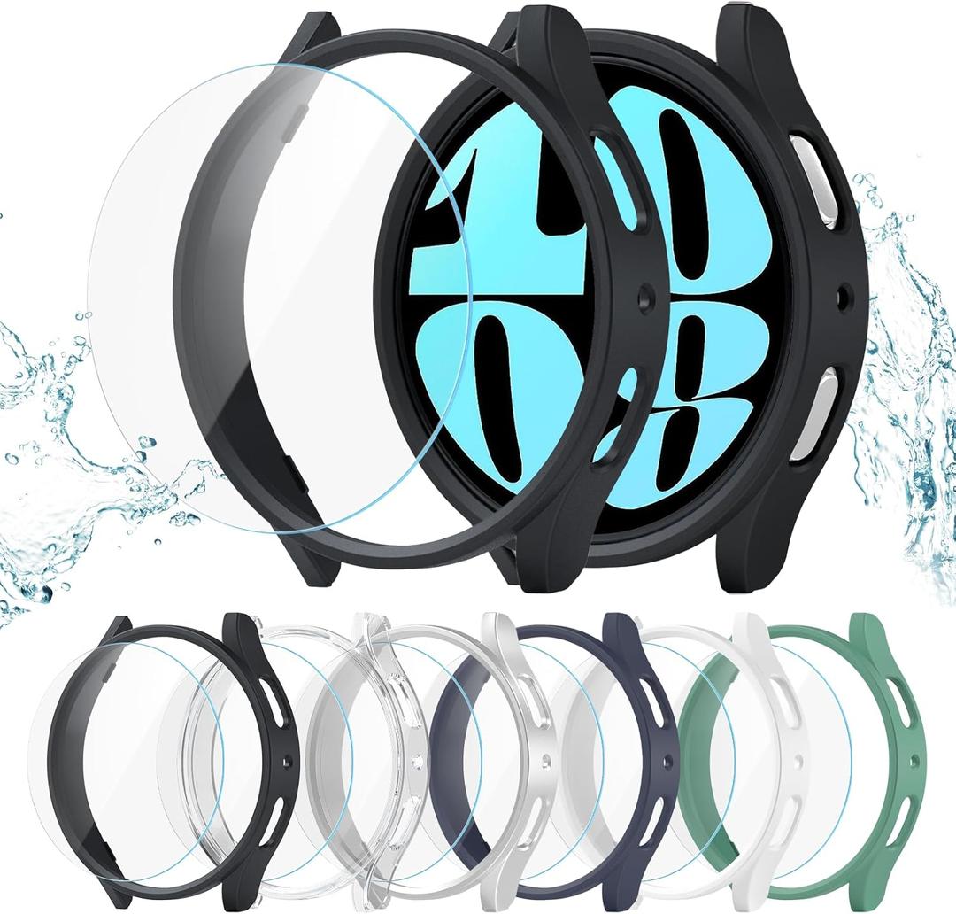 6+6 Pack for for Samsung Galaxy Watch 6 44mm Screen Protector Case, Hard PC Bumper + HD Anti-Fog Tempered Glass Protective Film, Face Cover Set for Galaxy Watch 6 44mm Accessories (Black+Clear+Silver+Darkblue+White+Green)