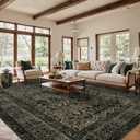 Boho Washable Rug for Living Room: Vintage 8x10 Area Rugs for Bedroom Soft Non Slip - Thin Stain Resistant Carpet for Dining Room Indoor - Dark Green