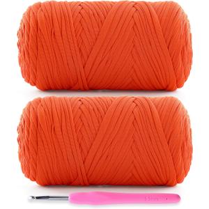 2 Pack Soft T-Shirt Yarn for Crochet, T Shirt Yarns for Crocheting Crafts, Bags, Basket, Coaster, Tshirt Yarns - 800 G/260 Yds with 1 Crochet Hook (2, Orange)