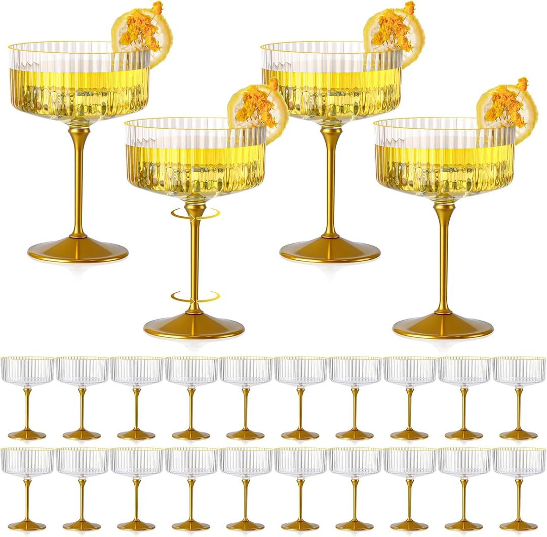 24 PCS Ribbed Coupe Glasses with Gold Stem Clear Plastic Champagne Coupe Cup 10oz Detachable Gold Rim Espresso Martini Glass Vintage Margarita Glassware Cocktail Glass for Christmas