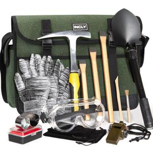 INCLY 15 PCS Geology Rock Pick Hammer Kit, 32oz Hammer & 3 PCS Digging Chisels Set for Rock Hounding, Gold Mining & Prospecting Equipment Tool Gear Shovel Musette Bag, Compass, Whistle, Wooden Chisel