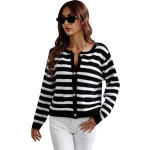 Women's Button Striped Knitted Cardigan Long Sleeve Sweater Fall Clothes Autumn and Winter Clothes (Black), Small