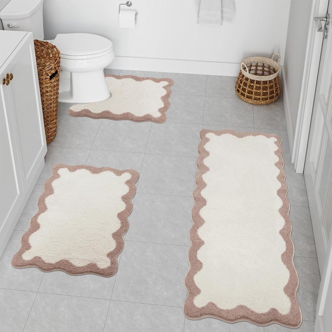 Uphome Scalloped 3-Piece Bathroom Rug Set - Pink Non-Slip Absorbent Runner with U-Shaped Contour Toilet Mat - Machine Washable Shaggy Bathroom Mats for Tub & Shower (18"x26"+18"x47"+U Shape 20"x24")