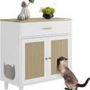 Hidden Cat Litter Box Furniture with Storage Drawer, Wood Cats Litter Enclosure Cabinet with 2 Sisal Doors, Hidden Enclosed Kitty Litter Box Cabinet Dog Proof for Living Room White
