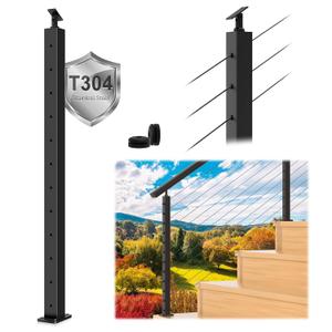 42" Cable Railing Post T304 Stainless Steel Angled Drilled Post, 41"x2"x2" Surface Mount Adjustable Top Black Cable Railing System Kit for 28-38 Stair Step Decks Porchs with Wire Grommets