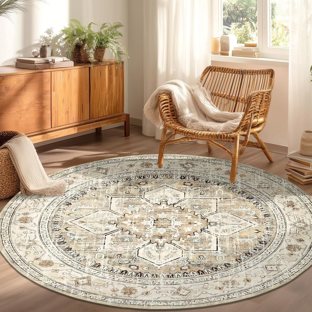 Yamaziot 6FT Round Washable Area Rug, Non-Slip Boho Circle Rugs with Rubber Backing, Low Pile Faux Wool Soft Distressed Floor Carpet for Nursery Living Room Home Office (Beige Brown)