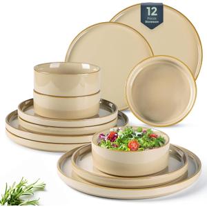 GBHOME Ceramic Dinnerware Sets for 4, 12 Pieces Stoneware Plates and Bowls Sets, Reactive Glaze Dishes -Scratch Resistant, Dishwasher&Microwave Safe-Warm Sand