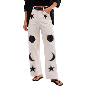 Kedera Women's Causal Star Embroidered Denim Pants Vintage Boyfriend Barrel Jeans Wide Leg Baggy Pants Y2k (Small)