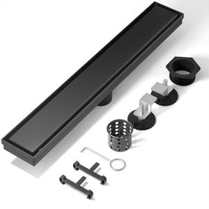 Linear Shower Drain Black 18 Inch,304 Stainless Steel with Adjustable Leveling Feet, Hair Strainer,Reversely Install the Floor Drain Cover and Place the Ceramic Tile to Create an Invisible Floor Drain