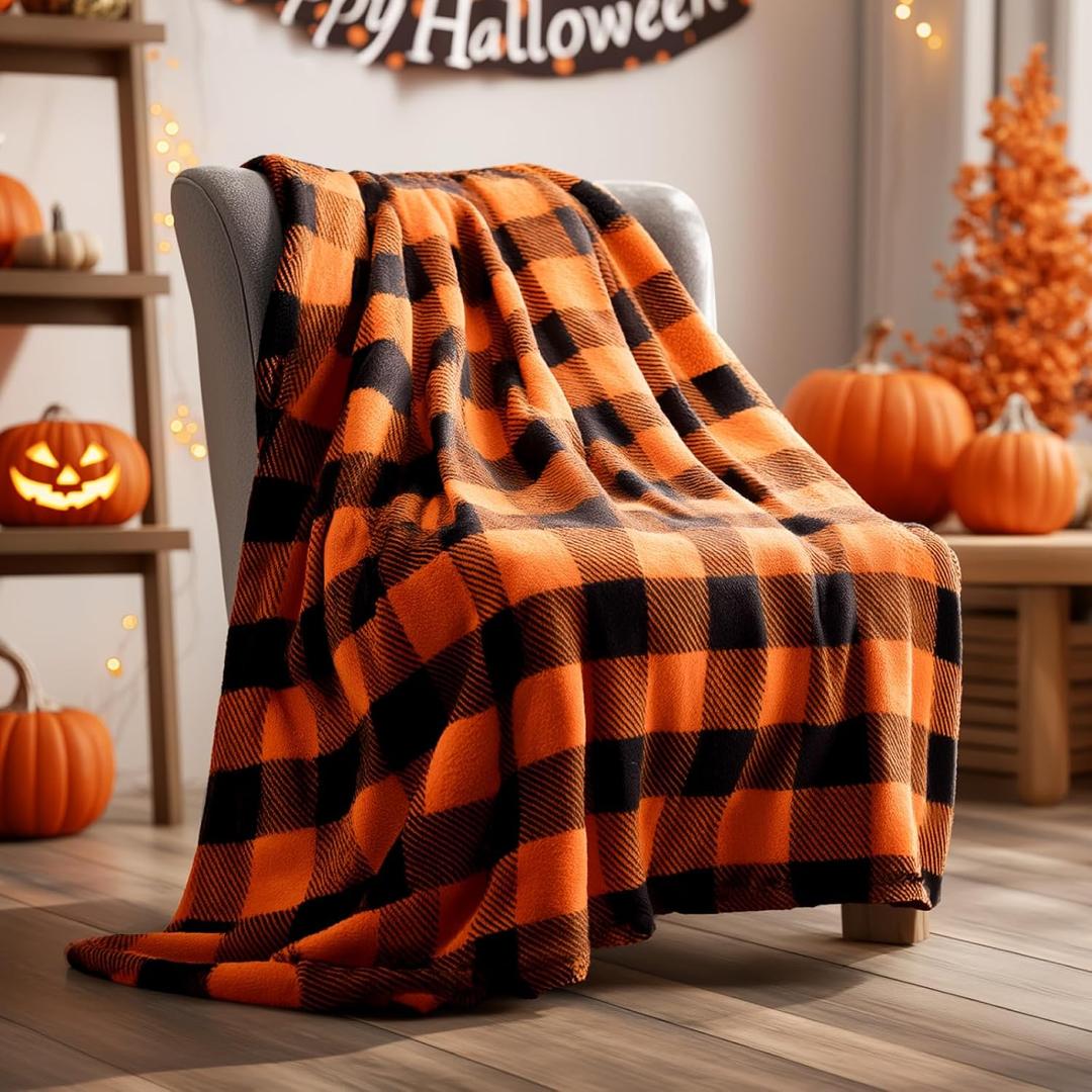BEDELITE Halloween Blanket for Decor & Gift, Orange and Black Buffalo Plaid Throw Blanket for Couch, Soft & Warm Fleece Throw for Women Men, 50"x60"