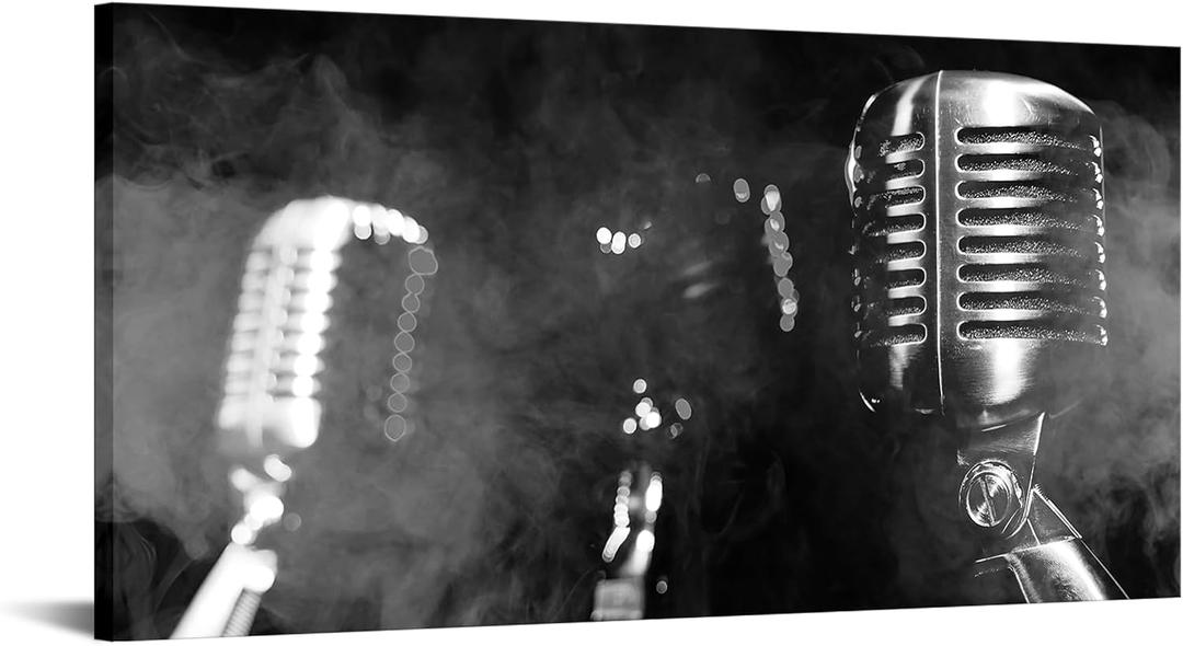 Nachic Wall Microphone Canvas Wall Art Music Room Decor Black and White Musical Instruments Painting Pictures 20"x40" (Black)