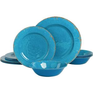 Gibson Home Mauna Melamine Plastic Dinnerware Set, Service for 4 (12pcs), Light blue