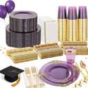 Nervure 350PCS Purple Plastic Plates - Purple Plastic Dinnerware Sets for 50 Guests - 100 Disposable Plates, 150 Gold Silverware, 50 Cups, 50 Napkins for Wedding & Party