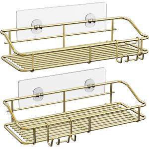 Nieifi Shower Caddy Shelf Storage Rack Adhesive Without Drilling Stainless Steel with Hooks for Washroom, Lavatory, Restroom, Toilet, Bathroom, Kitchen - 2 Pack, Golden
