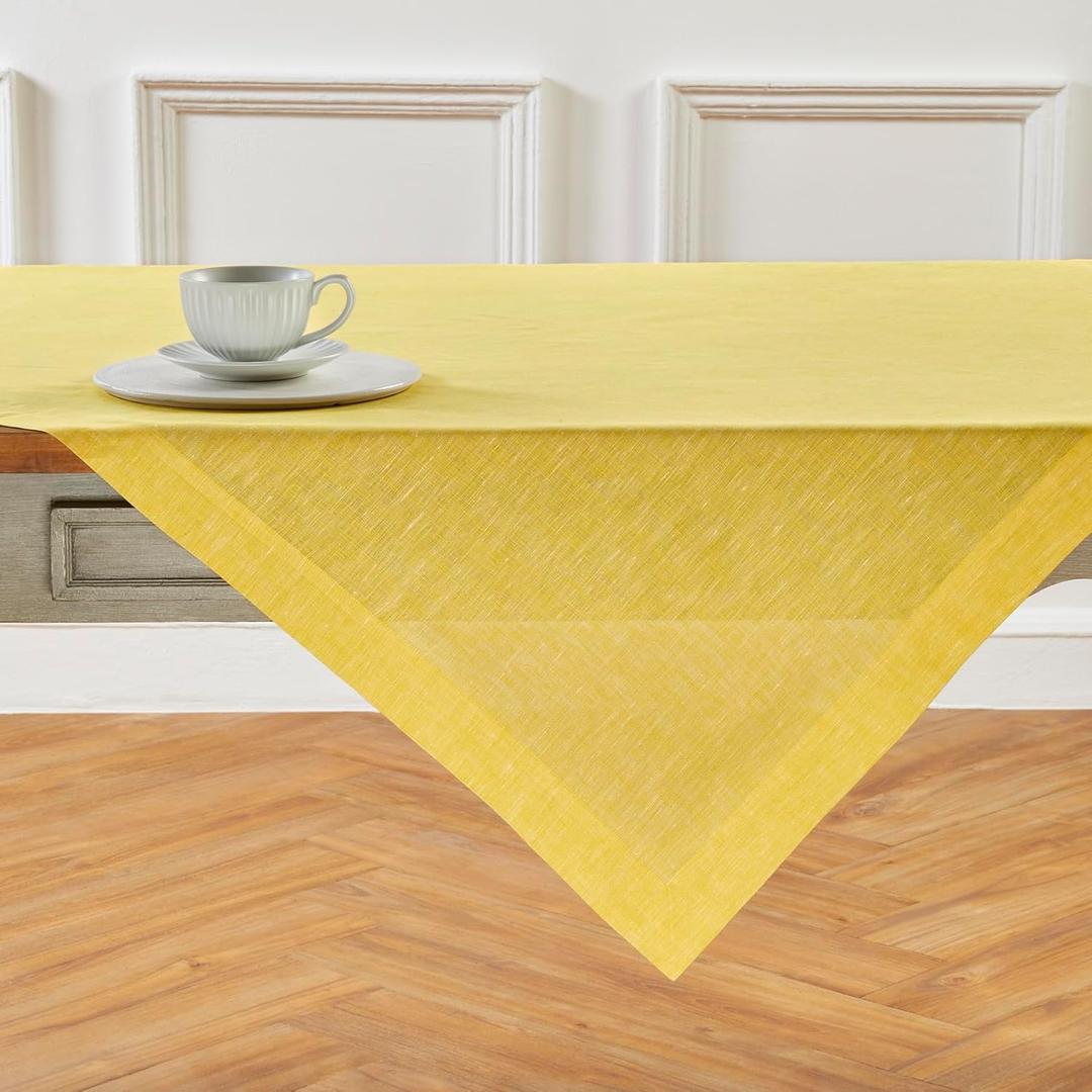 Solino Home Linen Square Tablecloth 52 x 52 Inch - 100% Pure Linen Chambray Lemon Yellow Table Throw - Athena, Machine Washable Tablecloth for Summer