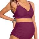 Charmo Scalloped Maternity Bikini Swimsuit Two Piece High Waist Ruched Pregnancy Bathing Suit Cute V Neck Swimwear (Medium, 1a#dark Magenta)