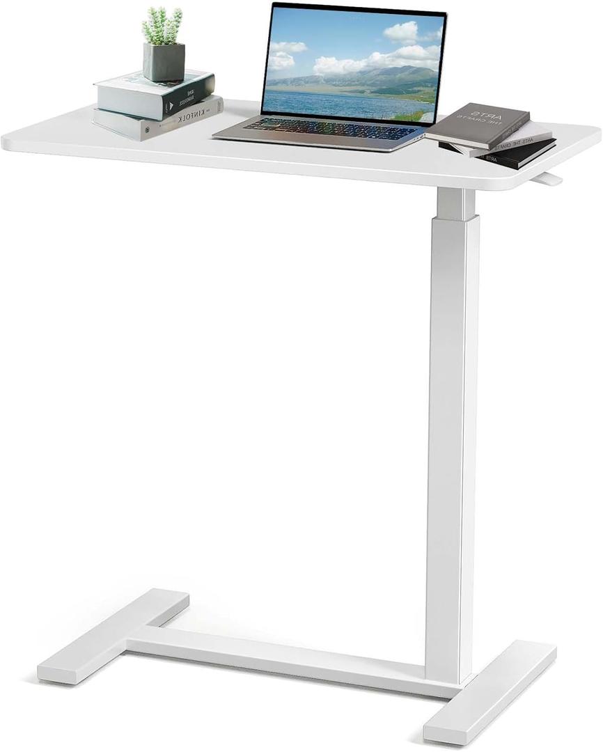 Height Adjustable Overbed Table, Pneumatic Bedside Desk with Hidden Casters, Rolling Laptop Computer Table, Movable Standing Desk for Home, Office, and Hospital, White