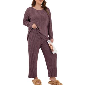 Womens Plus Size Lounge Pajamas 2 Piece Pj Sets Soft Long Sleeve Ribbed Tops Wide Leg Pants with Pockets (3X-Large, Burgundy)
