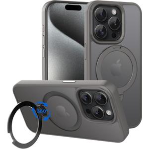 CACOE Magnetic Case for iPhone 15 Pro 6.1 inch with 360 Rotatable Ring Stand, Compatible with MagSafe Car Phone Mount, Cases Cover Phone Holder for Desk Meeting/Videos (Light Gray)