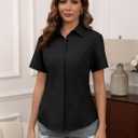 HOTOUCH Women Short Sleeve Button Down Shirts Business Work Fitted Collared Blouse Office Basic Summer Tops (Black, M)