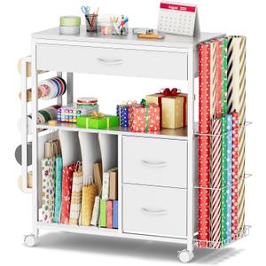 PUNLUXU Wrapping Paper Storage Cart, Rolling Gift Wrap Station with Ribbon and Gift Bag Storage, Wrapping Paper Organizer Holder, Craft Organizers and Storage, Craft Storage Cart 03 Patent Protected