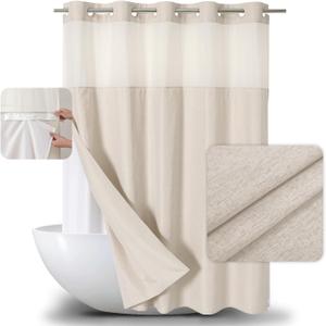 No Hooks Needed Linen Textured Shower Curtain with Snap-in Fabric Liner Set,Cream Hotel Luxury Decor Shower Curtains for Bathroom,Waterproof & Washable,71Wx77H