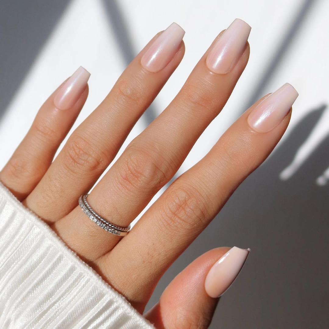 Glamnetic Press On Nails - Delicate Touch | Glazed Medium Coffin Nude Fake Nails with Ombr, Salon Quality Neutral Nails | 15 Sizes - 30 Nail Kit with Glue